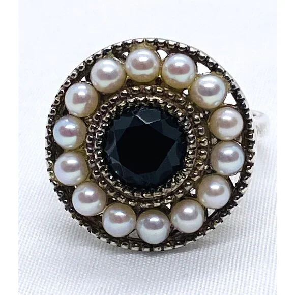 Tiffany & Co 925 Ziegfeld Pearl & Onyx Cocktail Circle Ring sz 8 - Picture 1 of 9